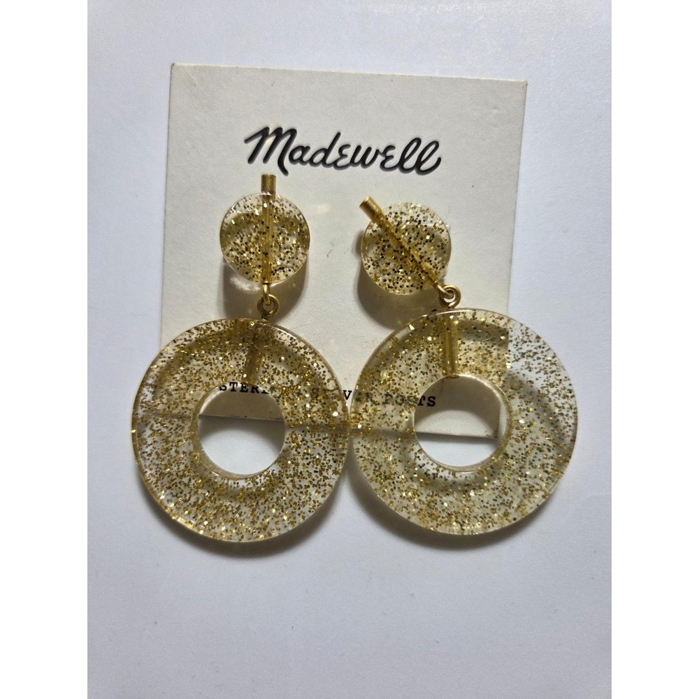 Madeswell Gold Glitter Acrylic Statement Drop Earrings Sterling Silver Posts